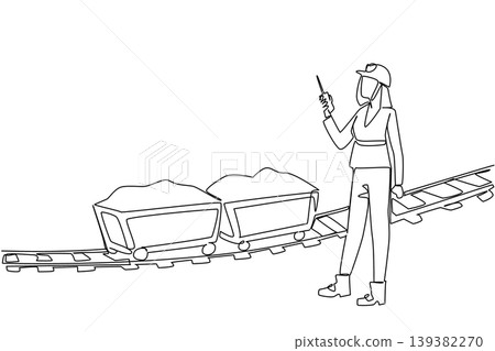 One line drawing displays a female miner holding a radio near mine carts representing a heavy industry concept. It is well designed for an International Women in Mining Day greeting card. One line drawing displays a female miner holding a radio near mine carts representing a heavy industry concept. It is well designed for an International Women in Mining Day greeting card. 139382270
