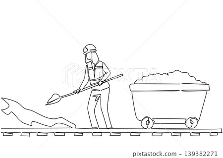 Single line drawing shows a hardworking woman shoveling coal into a cart for a heavy industry concept. The artwork is beautifully crafted for an International Women in Mining Day leaflet. 139382271