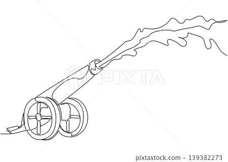 Clear single line drawing presents a foam cannon machine shooting large bubbles representing an entertainment concept. This graphic artwork is ideal for a National Foam Party Day coloring page. Clear single line drawing presents a foam cannon machine shooting large bubbles representing an entertainment concept. This graphic artwork is ideal for a National Foam Party Day coloring page. 139382273