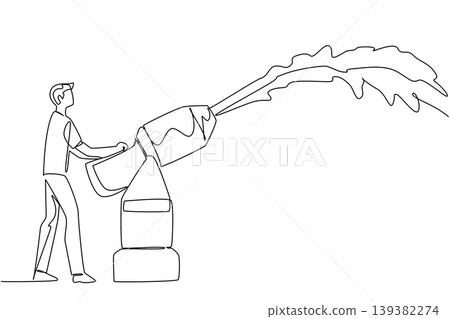 Detailed continuous line drawing shows a handsome young man operating a large foam cannon machine for an event concept. It is perfectly designed for a National Foam Party Day business brochure. Detailed continuous line drawing shows a handsome young man operating a large foam cannon machine for an event concept. It is perfectly designed for a National Foam Party Day business brochure. 139382274
