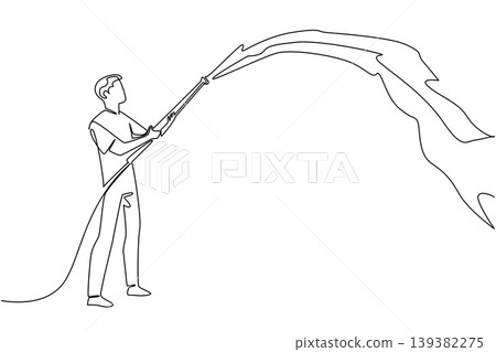 One line drawing presents a handsome young man playfully spraying large bubbles using a long hose for a festival concept. This illustration suits a National Foam Party Day promotion web banner. One line drawing presents a handsome young man playfully spraying large bubbles using a long hose for a festival concept. This illustration suits a National Foam Party Day promotion web banner. 139382275