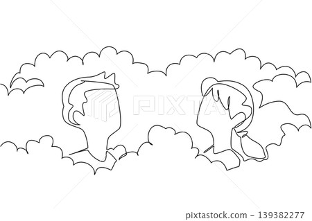 Single line drawing features a handsome young man and a beautiful woman surrounded by bubbles for a fun party concept. It is perfectly designed for a National Foam Party Day greeting card. Single line drawing features a handsome young man and a beautiful woman surrounded by bubbles for a fun party concept. It is perfectly designed for a National Foam Party Day greeting card. 139382277