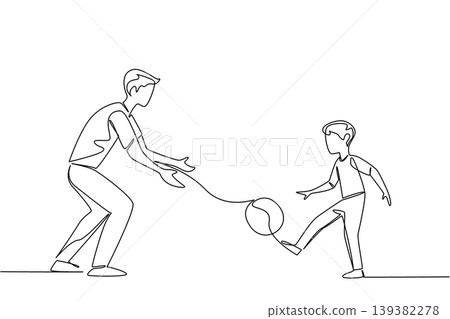 Continuous line drawing displays a father and his son kicking a ball representing a sports concept. This black and white artwork is perfect for a National Play Catch Week coloring page. Continuous line drawing displays a father and his son kicking a ball representing a sports concept. This black and white artwork is perfect for a National Play Catch Week coloring page. 139382278