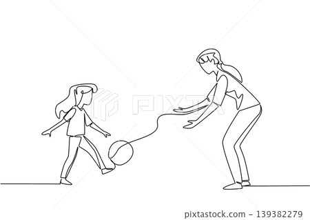 Beautiful single line drawing shows a mother and her daughter kicking a ball for a family concept. It is perfectly designed for a National Play Catch Week children education worksheet. Beautiful single line drawing shows a mother and her daughter kicking a ball for a family concept. It is perfectly designed for a National Play Catch Week children education worksheet. 139382279