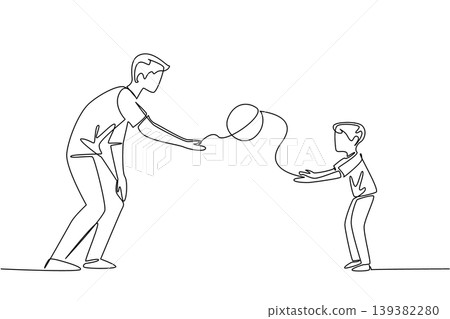 Creative one line drawing portrays a father and son throwing a ball to represent a fun activity concept. This outline illustration suits a National Play Catch Week greeting card perfectly. Creative one line drawing portrays a father and son throwing a ball to represent a fun activity concept. This outline illustration suits a National Play Catch Week greeting card perfectly. 139382280
