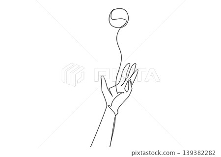 Lovely single line drawing features a human hand tossing a ball up high representing a recreation concept. This beautiful graphic illustration suits a National Play Catch Week event logo. Lovely single line drawing features a human hand tossing a ball up high representing a recreation concept. This beautiful graphic illustration suits a National Play Catch Week event logo. 139382282