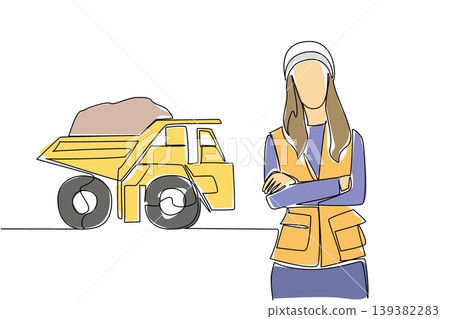 Continuous line drawing portrays woman engineer standing with dump truck with mineral load representing an industry concept. It is perfectly designed for an International Women in Mining Day banner. Continuous line drawing portrays woman engineer standing with dump truck with mineral load representing an industry concept. It is perfectly designed for an International Women in Mining Day banner. 139382283