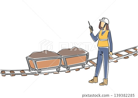 Single line drawing displays a female miner holding a radio near mine carts with mineral representing an industry concept. It is perfectly tailored for an International Women in Mining Day flyer. 139382285