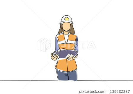 One line drawing presents a confident woman holding a raw mineral stone hat for an industry concept. This graphic illustration perfectly suits an International Women in Mining Day web post. One line drawing presents a confident woman holding a raw mineral stone hat for an industry concept. This graphic illustration perfectly suits an International Women in Mining Day web post. 139382287