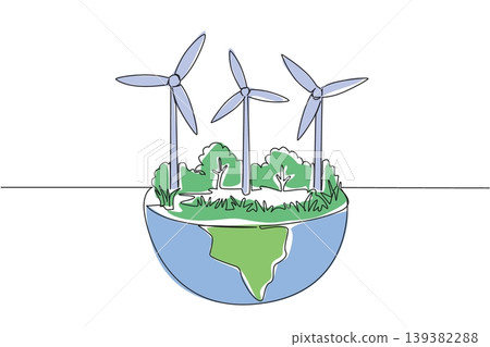 Single line drawing displays a half planet Earth containing three wind turbines and some plants for an energy concept. The striking vector artwork nicely fits a Global Wind Day banner. Single line drawing displays a half planet Earth containing three wind turbines and some plants for an energy concept. The striking vector artwork nicely fits a Global Wind Day banner. 139382288