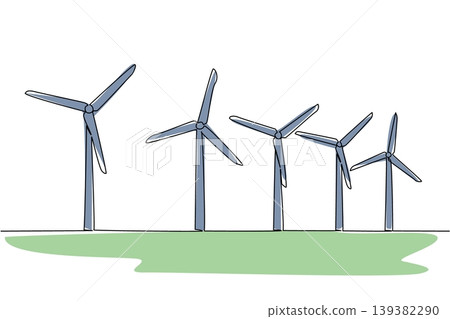 Continuous line drawing displays five tall wind turbines standing on a green field for a renewable energy concept. The graphic illustration beautifully suits a Global Wind Day event poster. 139382290