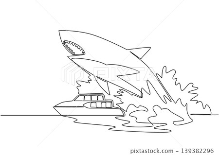Single line drawing shows a giant megalodon shark jumping over a ferry boat to depict an awesome nature concept. Such breathtaking artwork beautifully suits a National Megalodon Day postcard. Single line drawing shows a giant megalodon shark jumping over a ferry boat to depict an awesome nature concept. Such breathtaking artwork beautifully suits a National Megalodon Day postcard. 139382296