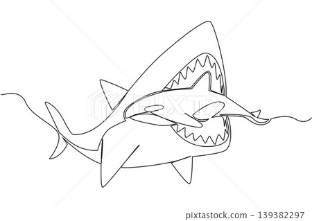 Continuous line drawing features a huge megalodon shark eating an orca whale to represent a marine wild animal concept. Such striking graphic illustration fits a National Megalodon Day banner. Continuous line drawing features a huge megalodon shark eating an orca whale to represent a marine wild animal concept. Such striking graphic illustration fits a National Megalodon Day banner. 139382297