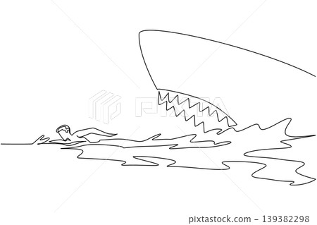 One line drawing reveals a dangerous megalodon shark chasing a young male swimmer for a thrilling ocean life concept. Such remarkable visual easily fits a National Megalodon Day display. One line drawing reveals a dangerous megalodon shark chasing a young male swimmer for a thrilling ocean life concept. Such remarkable visual easily fits a National Megalodon Day display. 139382298