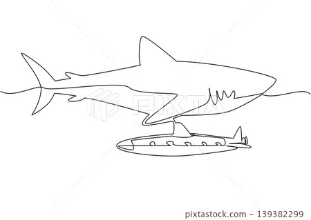 Single line drawing captures giant megalodon shark over a submarine to represent an dangerous of ocean exploration concept. Such incredible graphic visually suits a National Megalodon Day background. 139382299