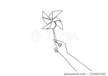 One line drawing features a human hand firmly holding a paper pinwheel toy for a playful nature concept. The outstanding black outline artwork perfectly suits a Global Wind Day event poster. 139382300
