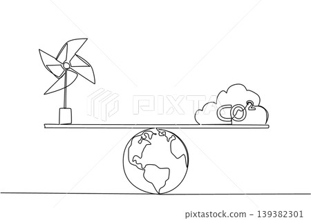 Single line drawing gracefully shows a seesaw balancing a pinwheel and a carbon dioxide cloud over the Earth for a science concept. The outline art fits a Global Wind Day presentation. Single line drawing gracefully shows a seesaw balancing a pinwheel and a carbon dioxide cloud over the Earth for a science concept. The outline art fits a Global Wind Day presentation. 139382301