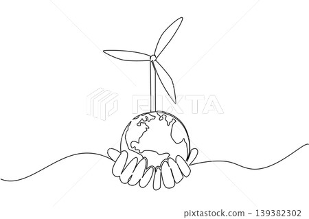 Continuous line drawing depicts human hands holding the Earth with a large wind turbine for an ecology concept. The outstanding outline illustration excellently suits a Global Wind Day leaflet. Continuous line drawing depicts human hands holding the Earth with a large wind turbine for an ecology concept. The outstanding outline illustration excellently suits a Global Wind Day leaflet. 139382302