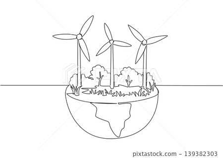 One line drawing delightfully displays a half planet Earth containing three wind turbines and some plants for an energy concept. The striking outline artwork nicely fits a Global Wind Day banner. One line drawing delightfully displays a half planet Earth containing three wind turbines and some plants for an energy concept. The striking outline artwork nicely fits a Global Wind Day banner. 139382303