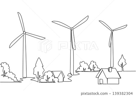 Single line drawing brilliantly presents a nature landscape featuring a house and huge wind turbines for a farming concept. The unique outline graphic beautifully suits a Global Wind Day cover. Single line drawing brilliantly presents a nature landscape featuring a house and huge wind turbines for a farming concept. The unique outline graphic beautifully suits a Global Wind Day cover. 139382304