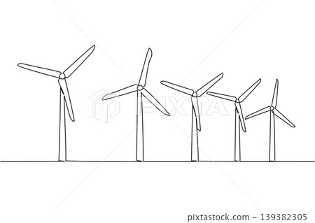 Single line drawing reveals five large wind turbines standing together representing a clean energy concept. The striking outline illustration flawlessly fits a Global Wind Day web banner. 139382305
