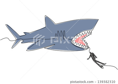 Single line drawing displays a massive megalodon shark chasing a young male scuba diver for a scary ocean life concept. Such graphic illustration suits a National Megalodon Day flyer. Single line drawing displays a massive megalodon shark chasing a young male scuba diver for a scary ocean life concept. Such graphic illustration suits a National Megalodon Day flyer. 139382310