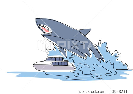 Continuous line drawing features a giant megalodon shark jumping over a boat for an awesome nature concept. Such amazing artwork perfectly fits a National Megalodon Day greeting card. Continuous line drawing features a giant megalodon shark jumping over a boat for an awesome nature concept. Such amazing artwork perfectly fits a National Megalodon Day greeting card. 139382311