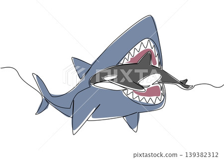 One line drawing beautifully presents a huge megalodon shark eating an orca whale to show a wild animal concept. Such wonderful graphic illustration suits a National Megalodon Day kids book cover. One line drawing beautifully presents a huge megalodon shark eating an orca whale to show a wild animal concept. Such wonderful graphic illustration suits a National Megalodon Day kids book cover. 139382312
