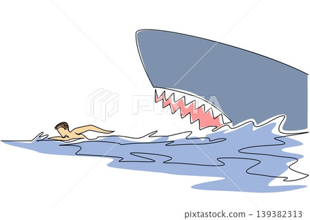 Single line drawing reveals a dangerous megalodon shark chasing a male swimmer on sea for a thrilling ocean life concept. Such spectacular artwork fits a National Megalodon Day event poster. Single line drawing reveals a dangerous megalodon shark chasing a male swimmer on sea for a thrilling ocean life concept. Such spectacular artwork fits a National Megalodon Day event poster. 139382313