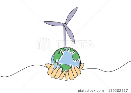 One line drawing depicts human hands holding the Earth with a large wind turbine for an ecology concept. The outstanding graphic illustration excellently suits a Global Wind Day leaflet. One line drawing depicts human hands holding the Earth with a large wind turbine for an ecology concept. The outstanding graphic illustration excellently suits a Global Wind Day leaflet. 139382317