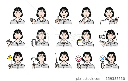 A set of business-appropriate facial expression icons of a young woman in work clothes. A set of business-appropriate facial expression icons of a young woman in work clothes. 139382330