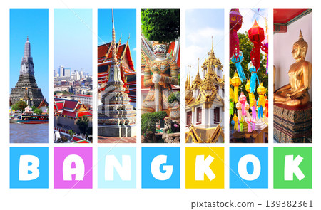 Welcome to Thailand. Travel, rest, vacation, holiday concept. Vertical banner with colourful scenes. View landmark of Bangkok - Wat Arun, Wat Pho. Topic of sightsee, trip, cruise and tour Welcome to Thailand. Travel, rest, vacation, holiday concept. Vertical banner with colourful scenes. View landmark of Bangkok - Wat Arun, Wat Pho. Topic of sightsee, trip, cruise and tour 139382361