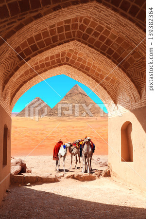 Creative collage - View of sand dunes, camels, pyramid through stone arch. Ancient arch at entrance to Great Pyramids in Giza pyramid complex (Giza Necropolis), Egypt. Travel, resort, vacation concept Creative collage - View of sand dunes, camels, pyramid through stone arch. Ancient arch at entrance to Great Pyramids in Giza pyramid complex (Giza Necropolis), Egypt. Travel, resort, vacation concept 139382364
