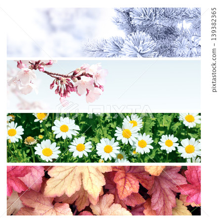 Four season of year. Set of horizontal nature banners. Each one features scene of nature, from the gentle snowfall of winter to the vibrant leaves of summer. Perfect for showcasing changing seasons Four season of year. Set of horizontal nature banners. Each one features scene of nature, from the gentle snowfall of winter to the vibrant leaves of summer. Perfect for showcasing changing seasons 139382365