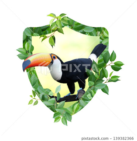 Shield made from green leaves and toucan bird. Safety, ecology, global ecological resource, go green concept. Environmental conservation wildlife protection, Eco-friendly. Isolated on white background 139382366