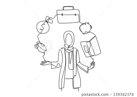 Single line drawing of an Arabian female in hijab juggling business tools. This management concept fits World Juggling Day banners, startup pitch decks, and professional networking websites. Single line drawing of an Arabian female in hijab juggling business tools. This management concept fits World Juggling Day banners, startup pitch decks, and professional networking websites. 139382378