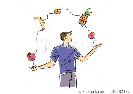 Continuous line drawing of a young handsome man juggling fruits, pineapple. banana, orange. Brilliant agriculture food concept is an excellent choice for a creative World Juggling Day banner layout. Continuous line drawing of a young handsome man juggling fruits, pineapple. banana, orange. Brilliant agriculture food concept is an excellent choice for a creative World Juggling Day banner layout. 139382382