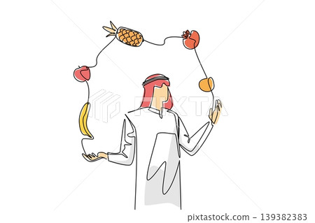 Fantastic single line drawing of a young handsome Arabian man juggling organic fruits. This awesome healthy food concept is a great choice for a World Juggling Day festival promotional banner. Fantastic single line drawing of a young handsome Arabian man juggling organic fruits. This awesome healthy food concept is a great choice for a World Juggling Day festival promotional banner. 139382383