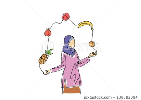 Beautiful continuous line drawing of Muslim middle east woman with hijab juggling organic fruits. Healthy nature concept is perfectly tailored for a creative World Juggling Day community brochure. Beautiful continuous line drawing of Muslim middle east woman with hijab juggling organic fruits. Healthy nature concept is perfectly tailored for a creative World Juggling Day community brochure. 139382384