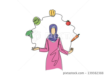Single line drawing of a Muslim woman in hijab juggling organic vegetables with tinted details. This health concept is great for World Juggling Day banners, wellness guides, and healthy diet handouts Single line drawing of a Muslim woman in hijab juggling organic vegetables with tinted details. This health concept is great for World Juggling Day banners, wellness guides, and healthy diet handouts 139382388