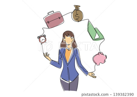Single line drawing of a beautiful businesswoman juggling business objects. This work life balance concept fits World Juggling Day posters, corporate magazines, and female entrepreneur presentations. Single line drawing of a beautiful businesswoman juggling business objects. This work life balance concept fits World Juggling Day posters, corporate magazines, and female entrepreneur presentations. 139382390