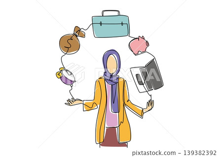 Continuous line drawing of an Arabian businesswoman in hijab juggling office gear. This multitasking concept suits World Juggling Day media, career guides, and Muslim female leadership presentations. Continuous line drawing of an Arabian businesswoman in hijab juggling office gear. This multitasking concept suits World Juggling Day media, career guides, and Muslim female leadership presentations. 139382392