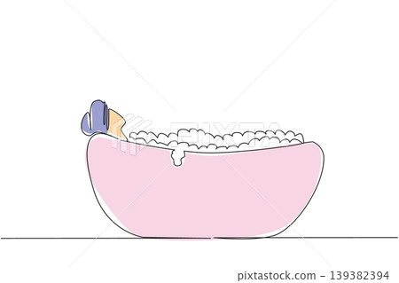 One line drawing of a beautiful young woman resting in a bubbly bathtub. This elegant beauty concept is absolutely perfect for International Bath Day advertising banners and health magazine covers. 139382394
