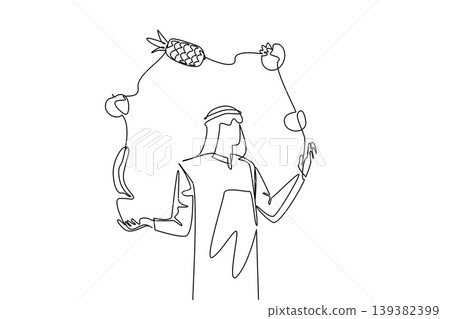 Elegant continuous line drawing of a young handsome Arabian man juggling organic fruits. This brilliant food concept works exceptionally well for a local World Juggling Day presentation poster. Elegant continuous line drawing of a young handsome Arabian man juggling organic fruits. This brilliant food concept works exceptionally well for a local World Juggling Day presentation poster. 139382399