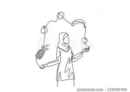 Creative one line drawing of a beauty Muslim woman on hijab juggling various organic fruits. This lovely organic food concept is an excellent graphic for a World Juggling Day event invitation flyer. Creative one line drawing of a beauty Muslim woman on hijab juggling various organic fruits. This lovely organic food concept is an excellent graphic for a World Juggling Day event invitation flyer. 139382400