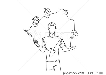 Continuous line drawing of a young man juggling fresh organic vegetables for a health lifestyle and diet concept. Perfect for World Juggling Day campaigns, nutrition presentations, and art posters. Continuous line drawing of a young man juggling fresh organic vegetables for a health lifestyle and diet concept. Perfect for World Juggling Day campaigns, nutrition presentations, and art posters. 139382401
