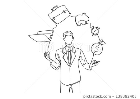Single line drawing of a young businessman juggling a clock and money. This workload concept perfectly matches World Juggling Day flyers, office wall decor, and time management coaching materials. Single line drawing of a young businessman juggling a clock and money. This workload concept perfectly matches World Juggling Day flyers, office wall decor, and time management coaching materials. 139382405