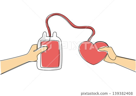 Wonderful one line drawing of hands connecting a red heart and a blood bag. This brilliant healthcare concept is great for World Blood Donor Day flyers, medical posters, and charity banners. 139382408