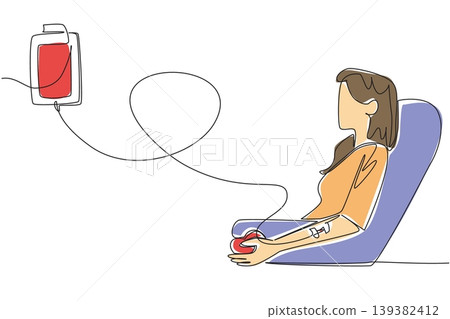 Single line drawing of a beautiful woman resting on a chair donating blood. This inspiring medical concept is an ideal fit for World Blood Donor Day campaigns, hospital ads, and clinic banners. Single line drawing of a beautiful woman resting on a chair donating blood. This inspiring medical concept is an ideal fit for World Blood Donor Day campaigns, hospital ads, and clinic banners. 139382412