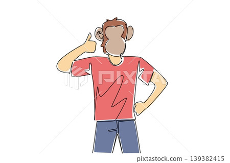One line drawing of a young handsome man with an animal monkey head mask making a cool hand gesture. This communication concept perfectly fits Monkey Around Day greeting cards and cool posters. 139382415